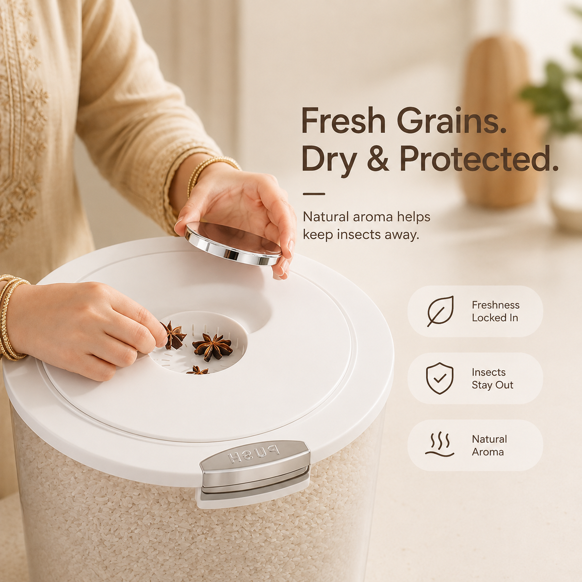 Evcve Large Capacity Transparent Rice Container with One-Click Lid