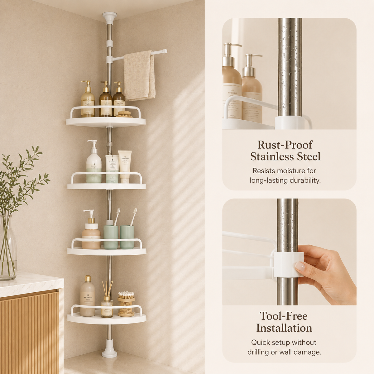 EVCVE Multipurpose Bathroom Rack with Hooks and Towel Bar - 4 Tier
