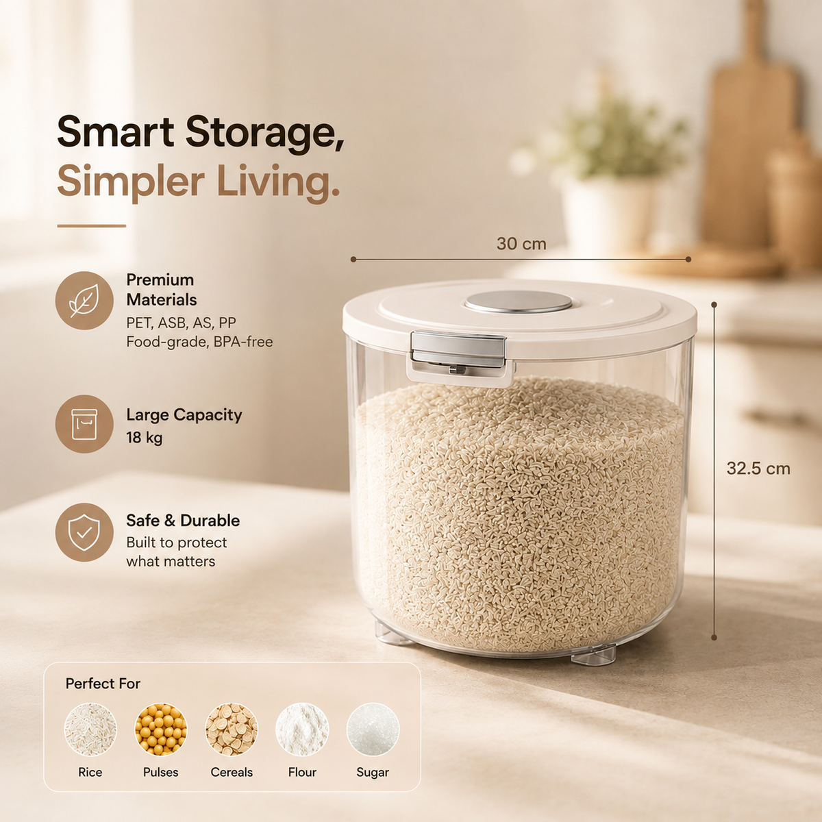 Evcve Large Capacity Transparent Rice Container with One-Click Lid