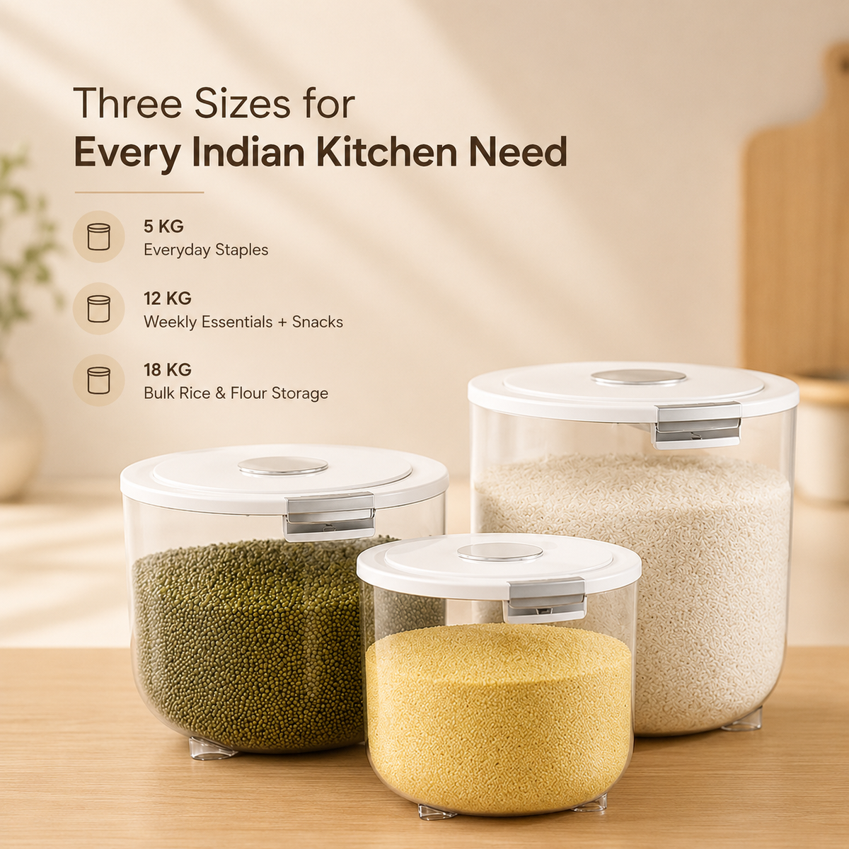 Evcve Large Capacity Transparent Rice Container with One-Click Lid